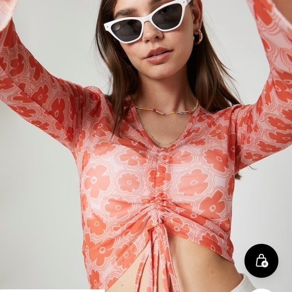 Florence by Mills exclusive ABOUT YOU ‘Foggy’ Flare Sleeve Y2K Top in Orange - Picture 4 of 14